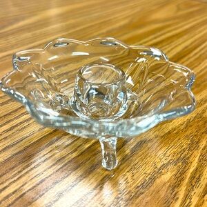 Fenton Accents 3 Legged Candle Holder, Clear Glass, Scalloped 9-Petal Floral Rim